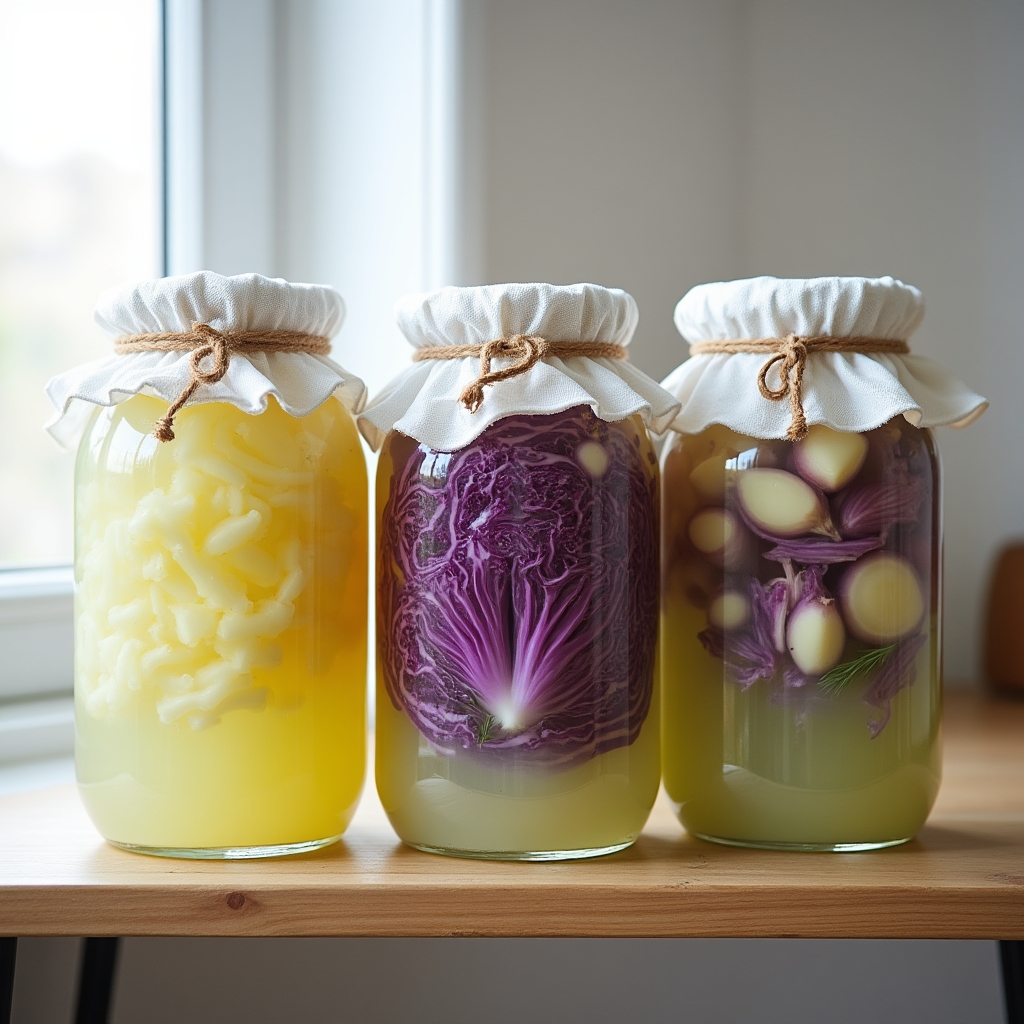 Fermentiergläser mit Sauerkraut und Gemüse stehen auf einer Küchenablage mit weichem Naturlicht