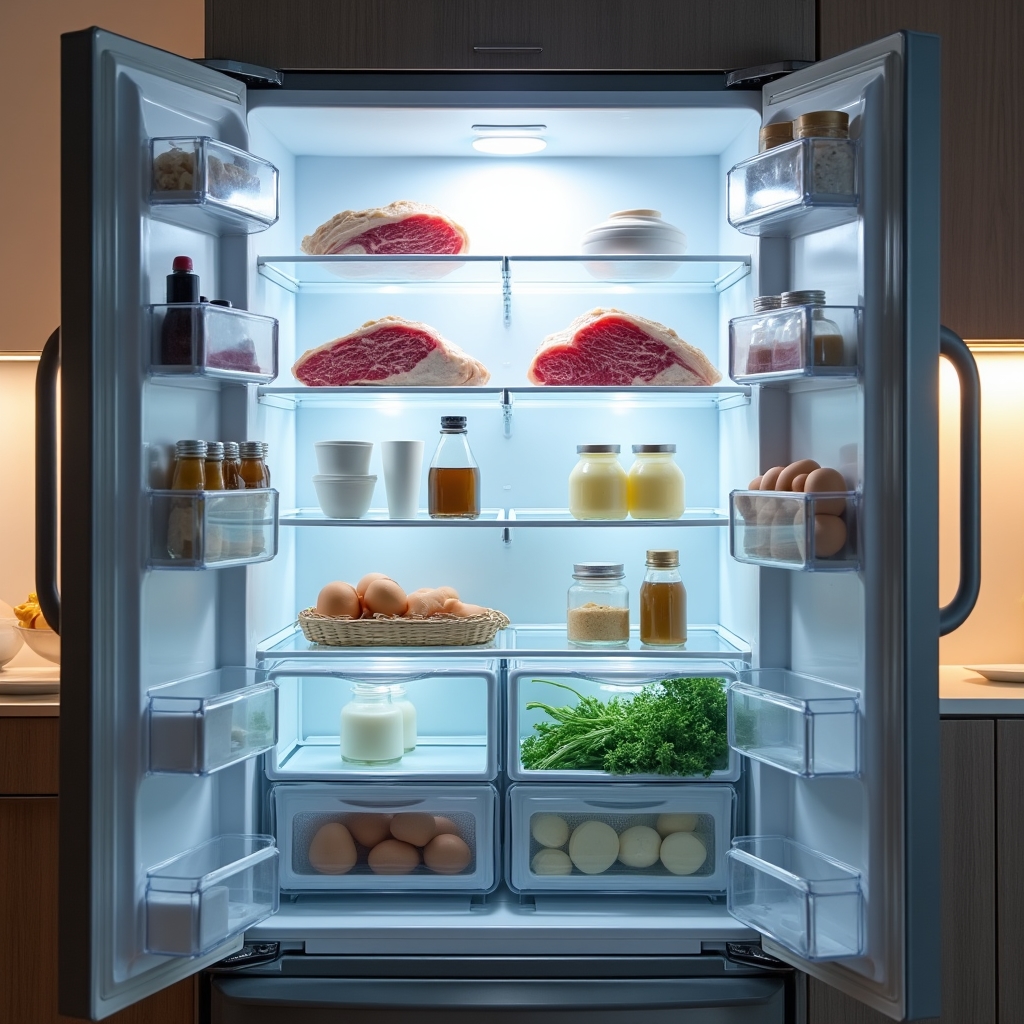 Geöffneter Kühlschrank mit beschrifteten Temperaturzonen und sortierten Lebensmitteln