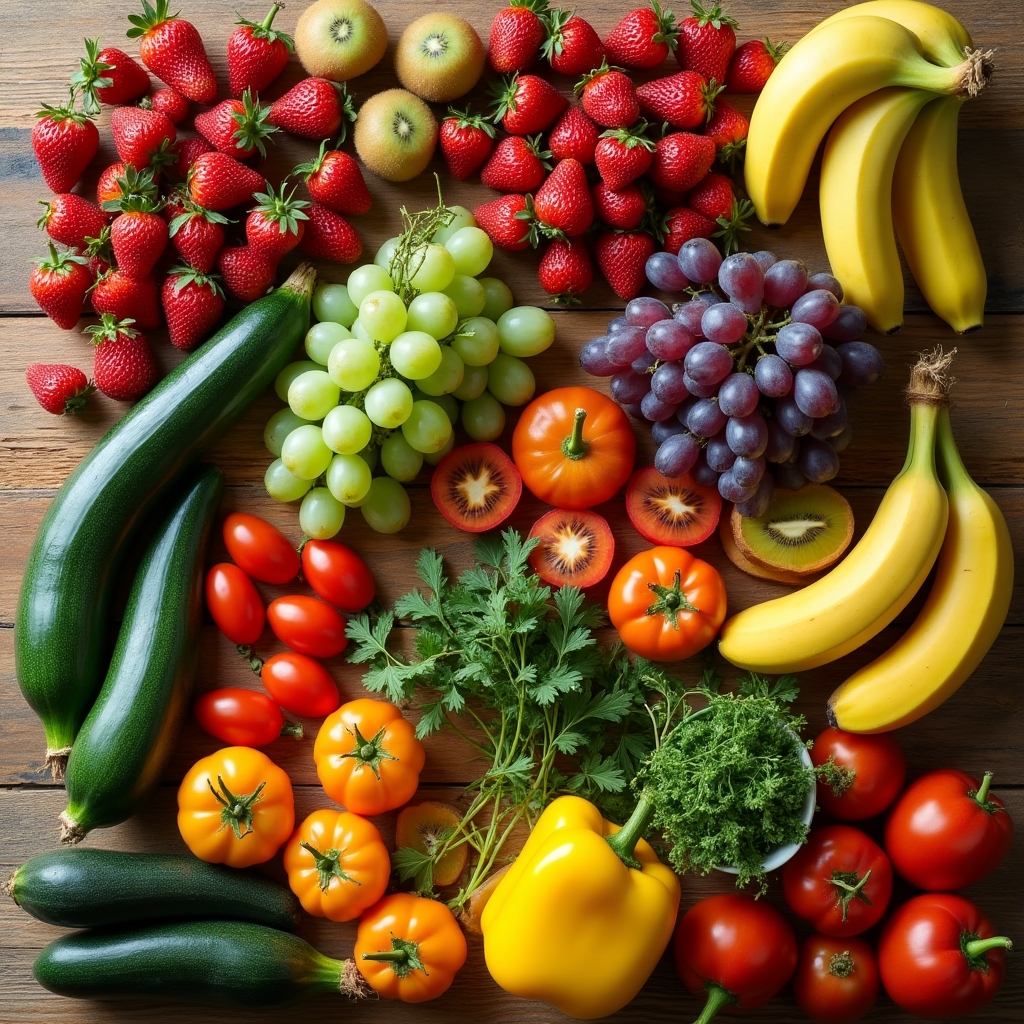 Verschiedene Obst- und Gemüsesorten liegen frisch und bunt auf einem Holztisch